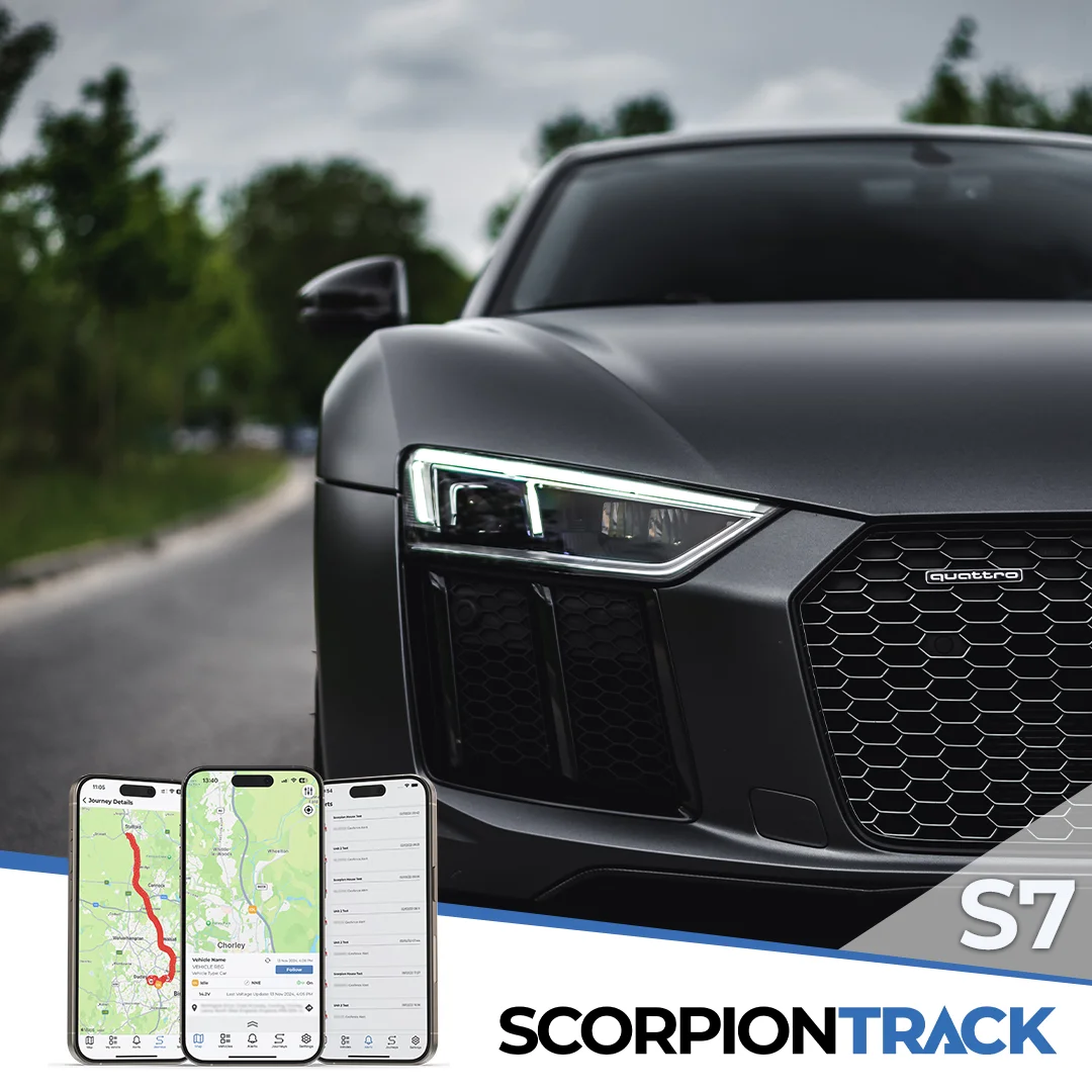 ScorpionTrack S7 with the ScorpionTrack app on three phones