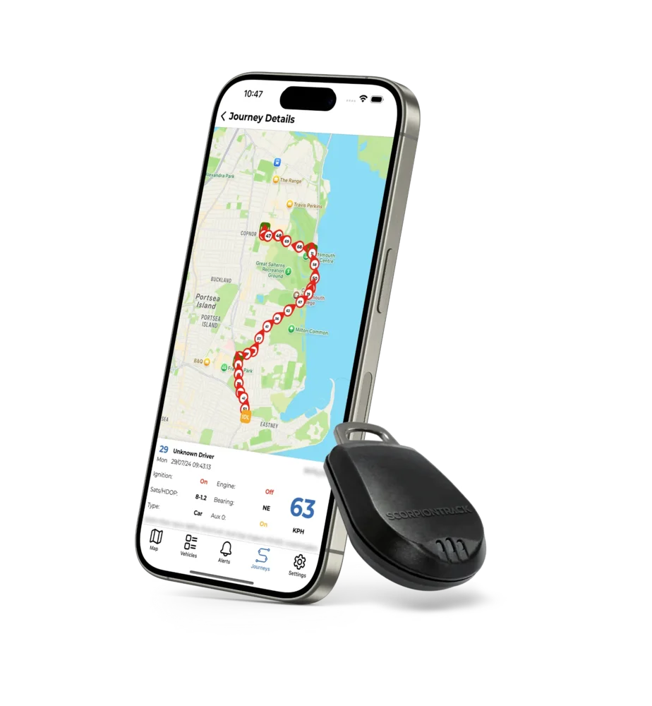 ScorpionTrack app showing journey details beside the ADR driver tag