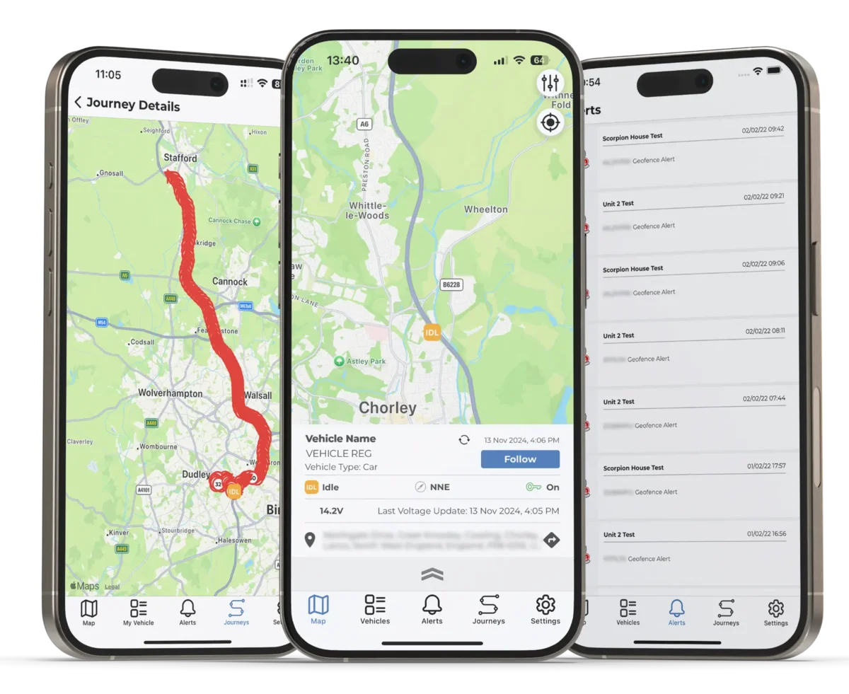ScorpionTrack app showing journeys, live vehicle location and alerts