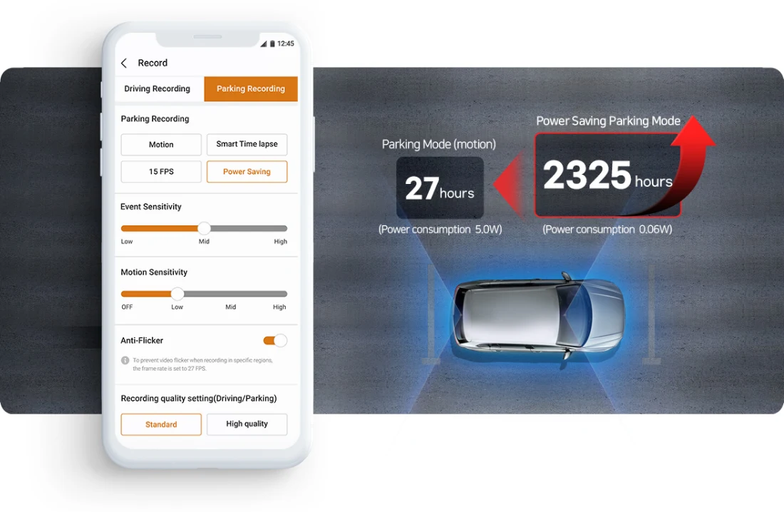 The FineVu smartphone app showing parking recording settings