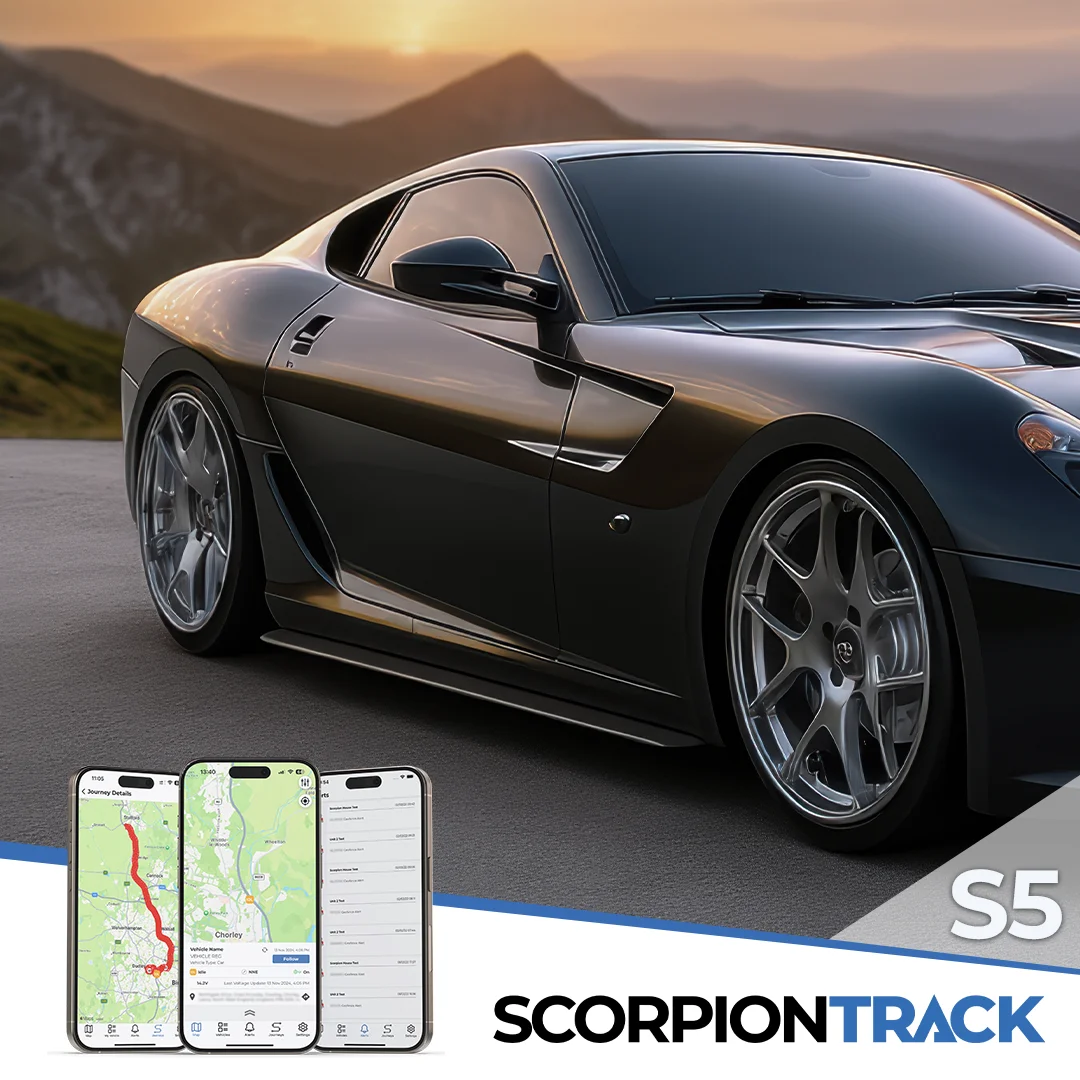 ScorpionTrack S5 with the ScorpionTrack app on three phones